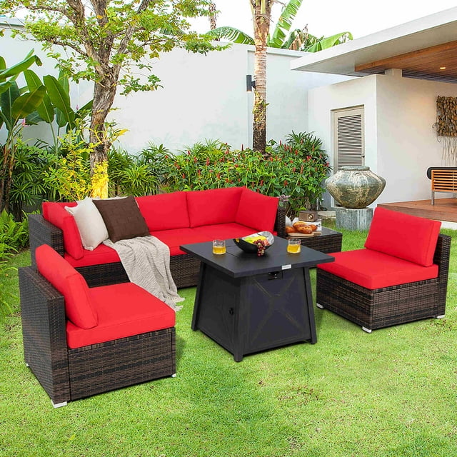 Costway Ensemble de Mobilier de Terrasse en Rotin 7 Pcs avec Housse de Table à Foyer et Coussins Rouge