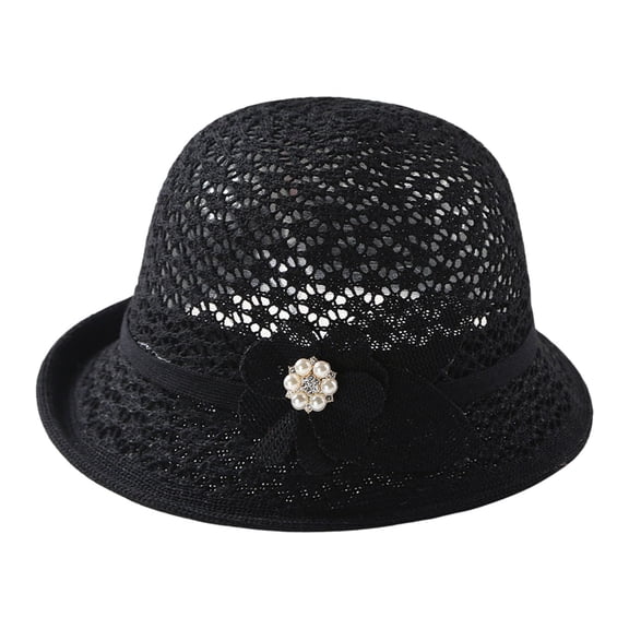 Gsakboxl Sun Hat Women Hand Crochet Knit Cloche Bucket Hat With Pearl Decor Breathable Hollow Woven Elegant UPF Anti UV Summer Church Sun Cap For Tea Party Wedding Sightseeing Black