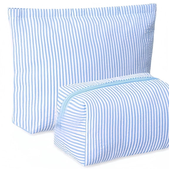 2 Pcs Blue Striped Makeup Bag Set, Seersucker Toiletry Pouch with Zipper, Large & Small Preppy Travel Cosmetic Organizer