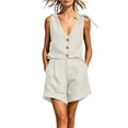 thumbnail image 2 of Costeam Womens 2 Piece Linen Matching Set Tie Shoulder Sleeveless V Neck Button Top Rolled Hem Bermuda Shorts with Side Pockets Lightweight Breathable Relaxed Fit Summer Outfit, 2 of 6