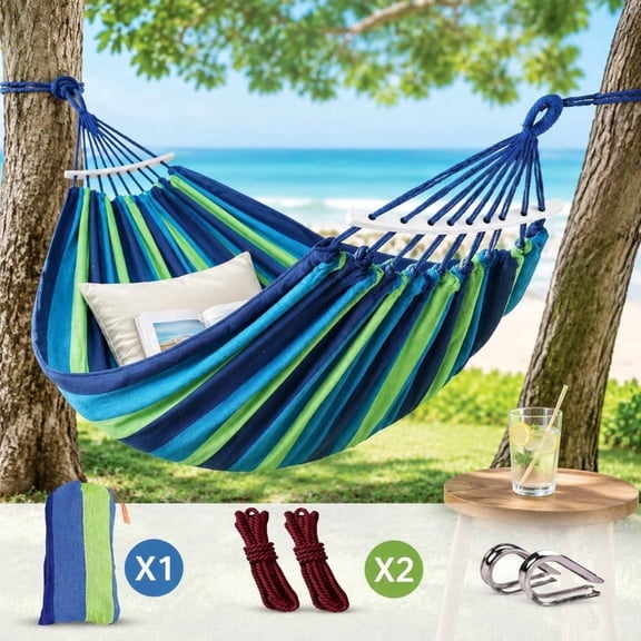 Portable Camping Hammock, 550 Lbs Capacity Outdoor Hammock with Spreader Bars, Tree Straps & Carabiners, Heavy Duty Soft Fabric Hammock for Patio, Backyard, Garden, Beach, Camping Hiking