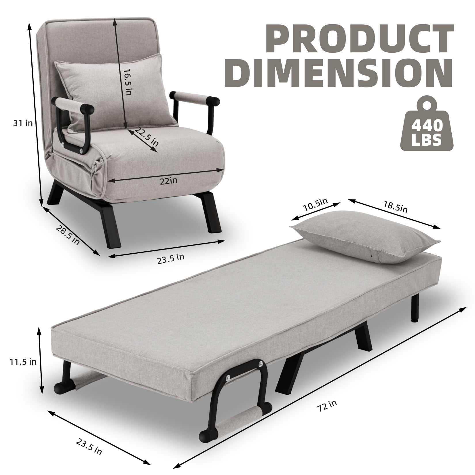 Avocahom Convertible Sofa Bed Sleeper Chair,6 Angles Adjustable Backrest, Single Person Chaise Lounge Couch w/ Pillow, Folding Bed for Overnight Guests, Foldable Sofa Arm Chair for Office, Light Gray