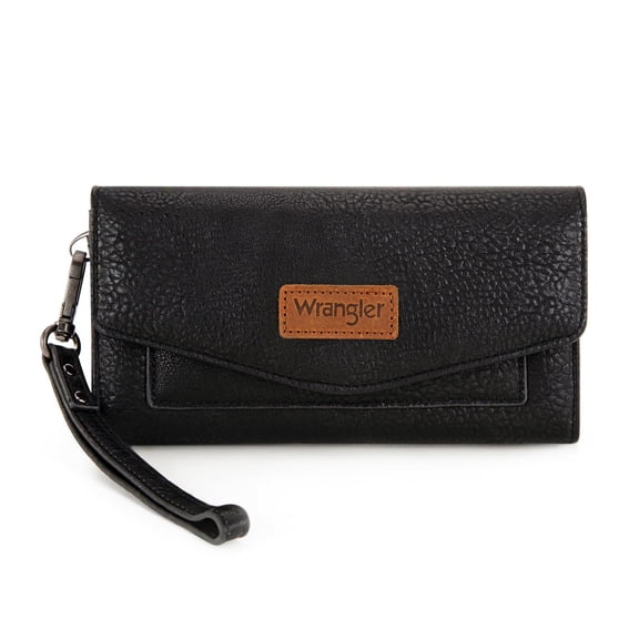 Cartera Montana West X Wrangler negra para mujer, grande, con forro RFID, cartera triple con monedero y correa de muñeca desmontable