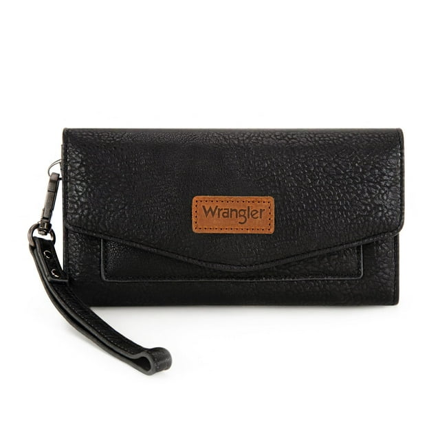 Cartera Montana West X Wrangler negra para mujer, grande, con forro RFID, cartera triple con monedero y correa de muñeca desmontable