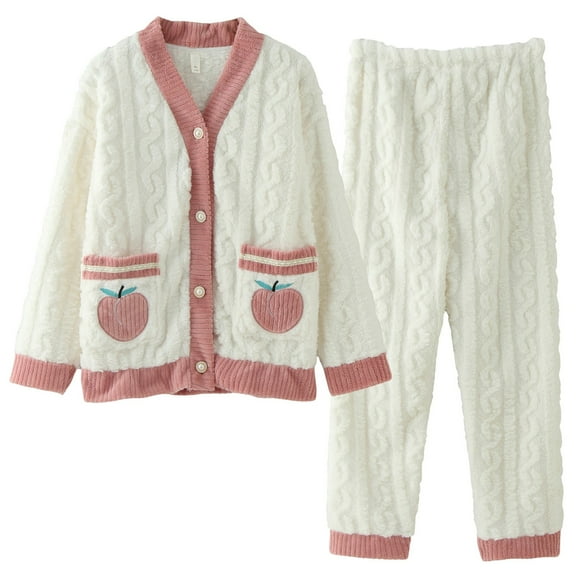 Women's pajamas set double-faced fleece pajamas cardigan with buttons autumn and winter full set pajamas