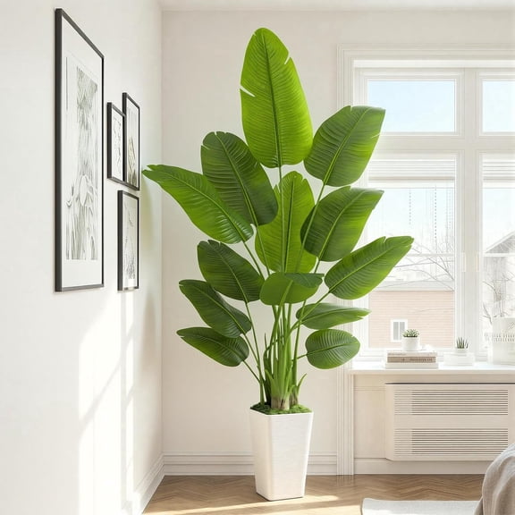6ft Artificial Bird of Paradise Plant, Synthetic Banana Leaf Tree with Textured Wavy White Pot for Home Decor, Perfect Silk Floor Plant