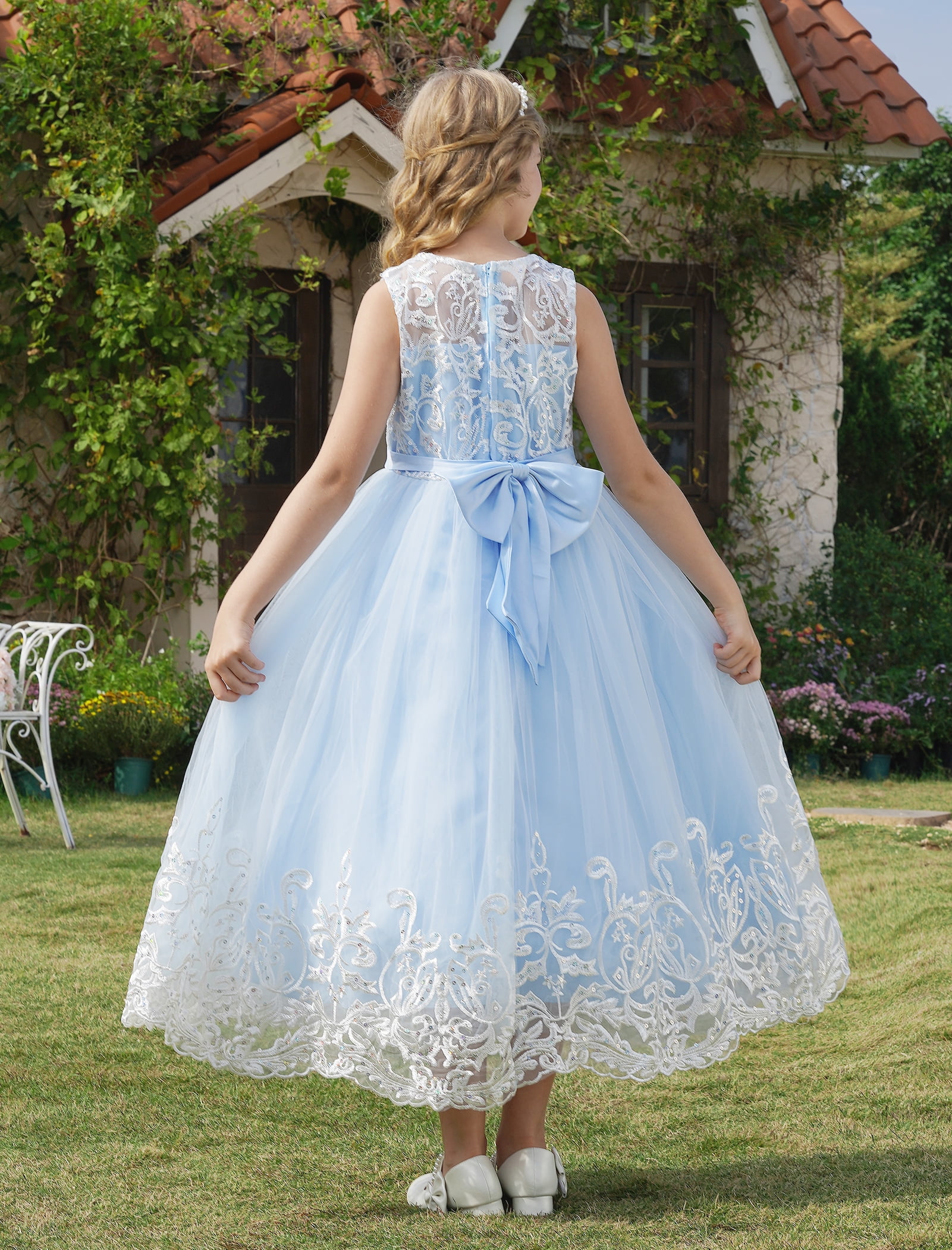 IBTOM CASTLE Flower Girl Lace Dress for Kids Wedding Bridesmaid Pageant  Party Formal Long Maxi Gown Princess Communion Tulle Bow Dresses 5-6 Years  Blue - Walmart Business Supplies