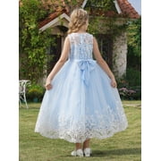 IBTOM CASTLE Flower Girl Lace Dress for Kids Wedding Bridesmaid Pageant Party Formal Long Maxi Gown Princess Communion Tulle Bow Dresses 9-10 Years Blue