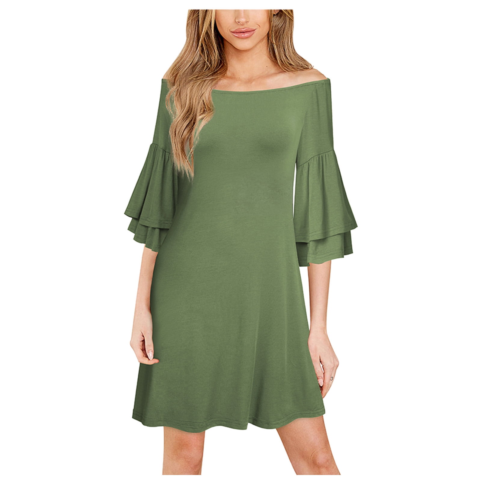 Womens Dresses Womens Fashion Off Shoulder Long Flare Sleeve Solid Color Casual Mini Dress