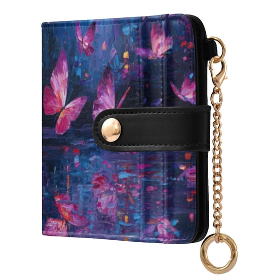 Womens Wallet PU Leather Bifold Small Purse with RFID Blocking Credit Card Holder Night Scene and Butterflies