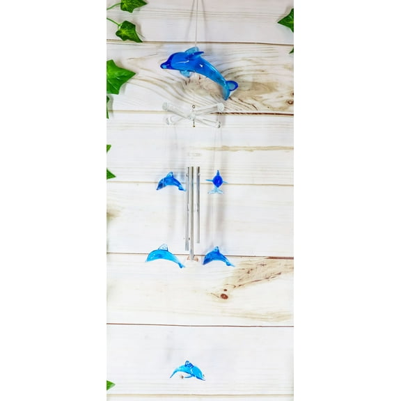 Nautical Marine Blue Swimming Dolphin Acrylic Glass Wind Chime 22"L Sea Dolphins