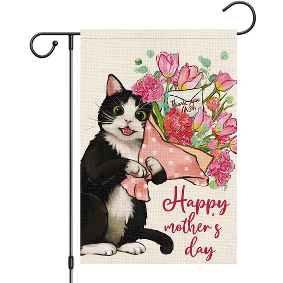 VOCHIC Happy Mother's Day Garden Flag 12x18 Double Sided Burlap, Small Vertical Cat Garden Flags Flower Thank You Mom Yard Flags for Spring Outside Outdoor House Mothers Day Decoration (ONLY FLAG)