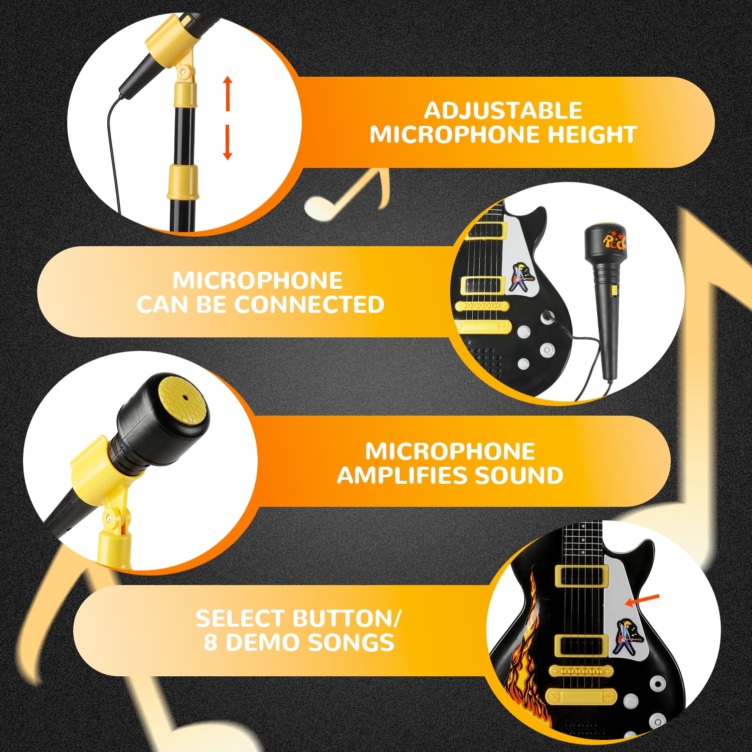 Freecat Toddler Guitar, Cool Black Toy Guitar for Kids Boys Ages 3 4 5 6 Years, with Microphone and Adjustable Stand, Musical Instrument Christmas &Birthday Gift for Boys.