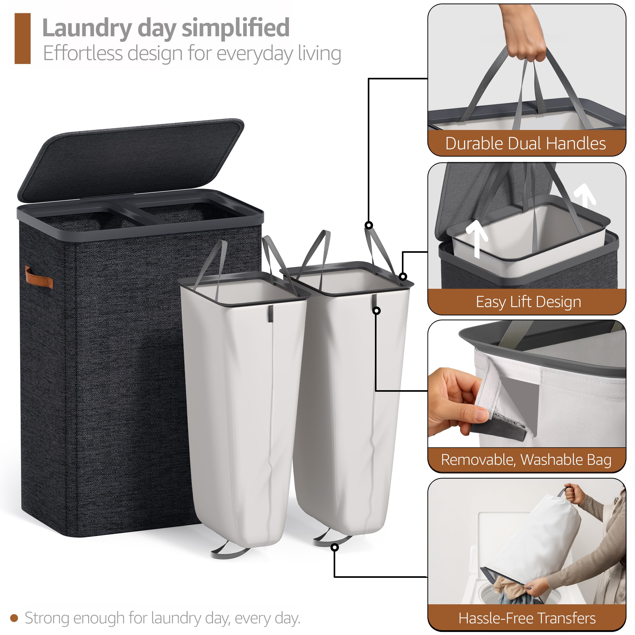 Sorbus Collapsible Fabric Laundry Hamper with Removable Bag, 2 Compartment, Black