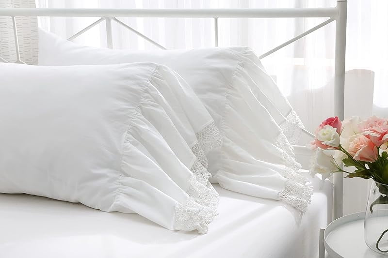 Ivory White Crocheted Lace Pillow Shams with Long Ruffles Cotton Standard Twin Size Pillowcases 26"X20" 2-Pack