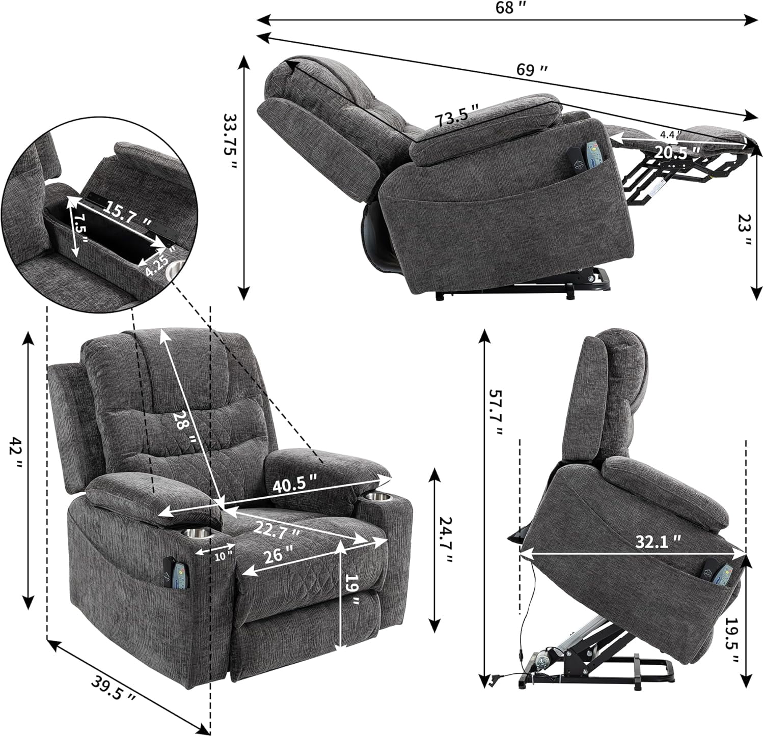 Lift Chair with Heat and Massage, Zero Gravity Lay Flat Recliner with Cup Holders & Adjustable Seat for Adults Living Room Lounge Recliners on Clearance