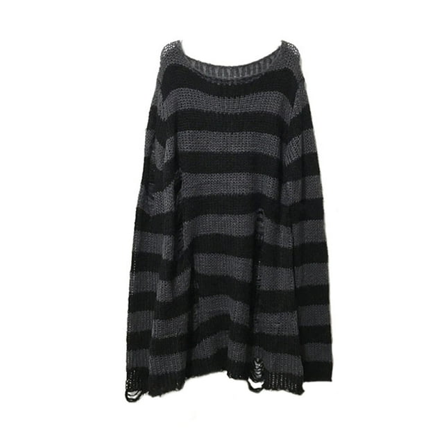 ITFABS Hollow Knit Sweater, Stripe Pattern Long Sleeve Round Neck Pullover