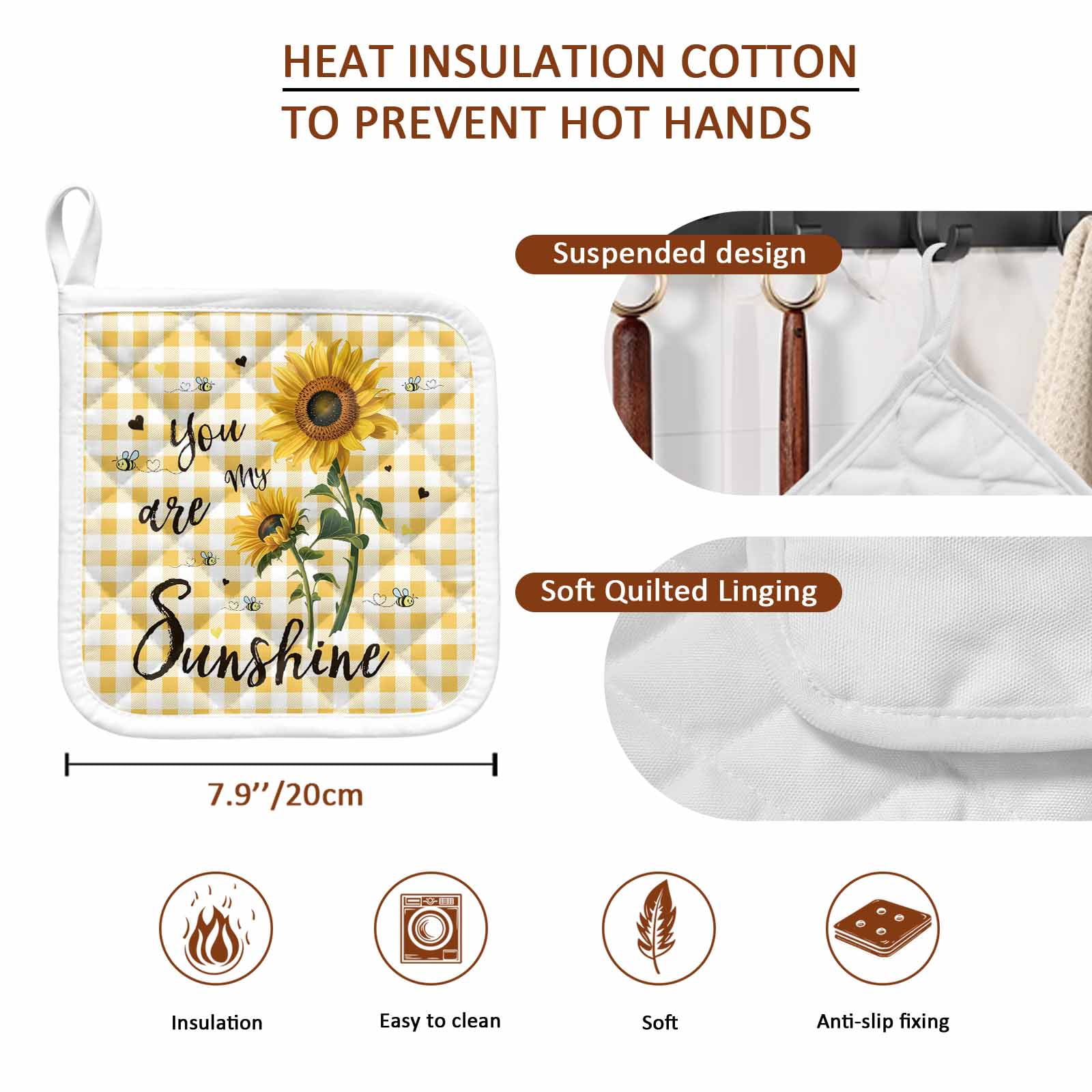Sunflower Pot Holders for Kitchen Heatproof Potholder, 4 Pack Yellow Plaid Lattice You Are My Sunshine Hot Pads Multipurpose Oven Pads Cloth Potholders Trivet for Cooking and Baking