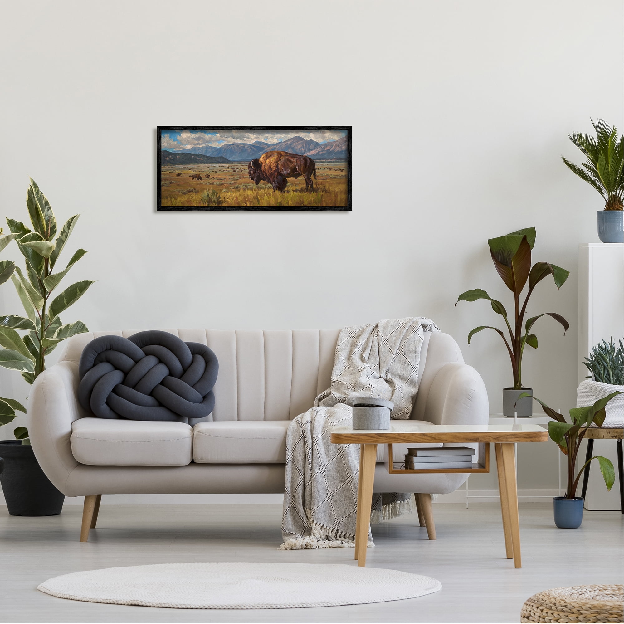 Stupell Industries Bison Grazing in Valley Animals & Insects Painting Black Framed Art Print Wall Art, 30 x 13