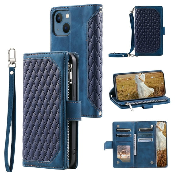 Feishell Crossbody Wallet Phone Case for Apple iPhone 13,Luxury PU Leather Magnetic Buckle Zipper Pocket Card Slots Flip Stand Protective Cover with Hand Strap & Shoulder Strap,Blue