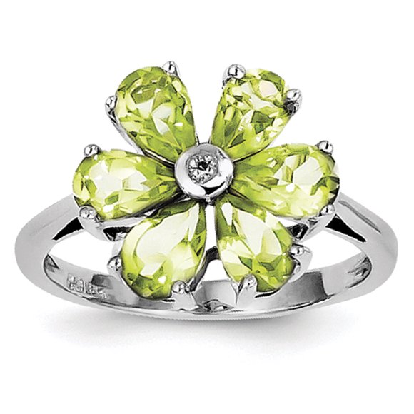 Sterling Silver Bague Fleur Rhodium Péridot & Diamant Taille 8