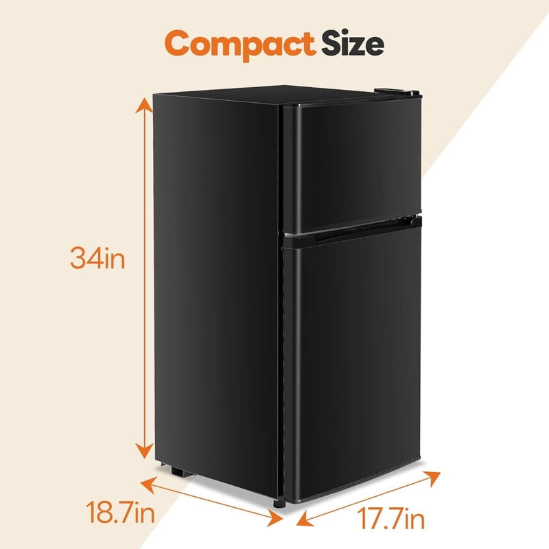 Simenmax Two-Door Refrigerator with Freezer, 3.2 Cu.Ft Mini Fridge Ultra-Quiet Fridge for Bedroom, Dorm, Office,Black