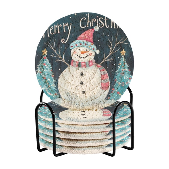 6 coil coasters 3.94x3.94x0.24 inch water coasters Drink coasters with cup holders Absorbent coasters Heat resistant for bar protection Christmas Smiling Snowman Picture