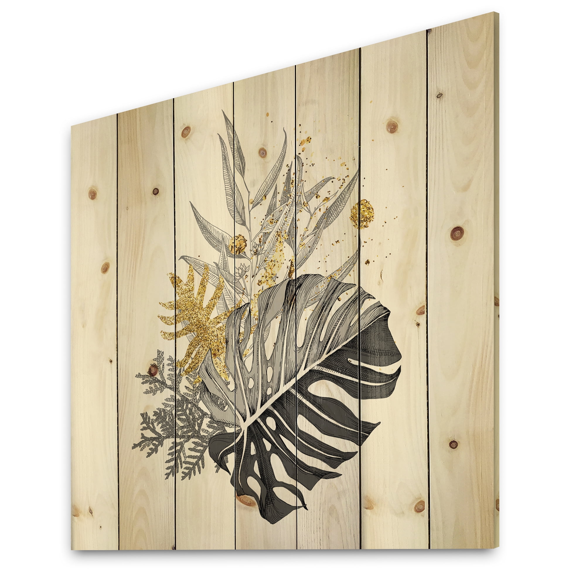 Designart 'Bouquet With Golden Tropical Leaves and Monochrome' Tropical Print on Natural Pine Wood