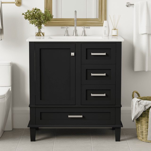 Homy Casa 30 Inch Modern Bathroom Vanity Combo with Ceramic Sink, Black Solid Wood Frame, Soft-Close Door & Drawers