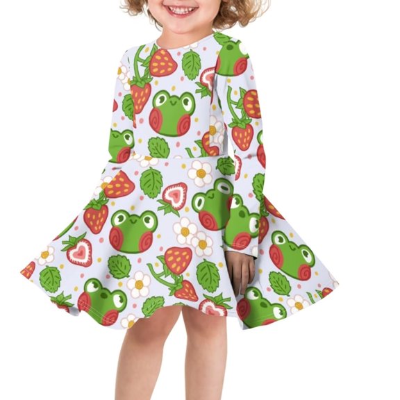 FKELYI Strawberry Frog Long Sleeve Dresses Size 7-8 Loose Girls Swing Dress Long Sleeve Comfy Round Neck Dress Up Clothes for Little Girls