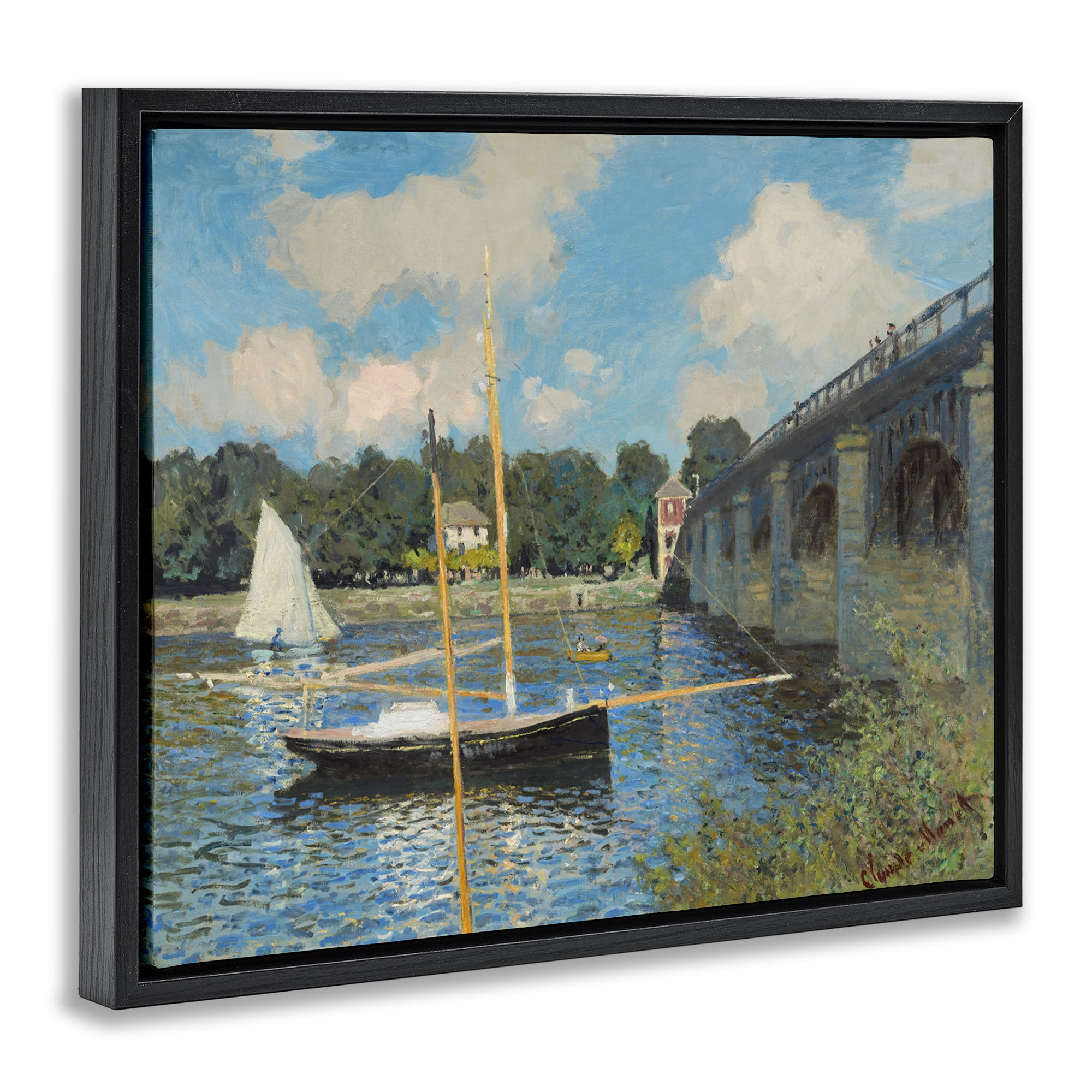 Stupell Industries Classic River with Boats Sailing Landscape & Nature Painting Black Floater Framed Canvas Art Print Wall Art, 31 x 25