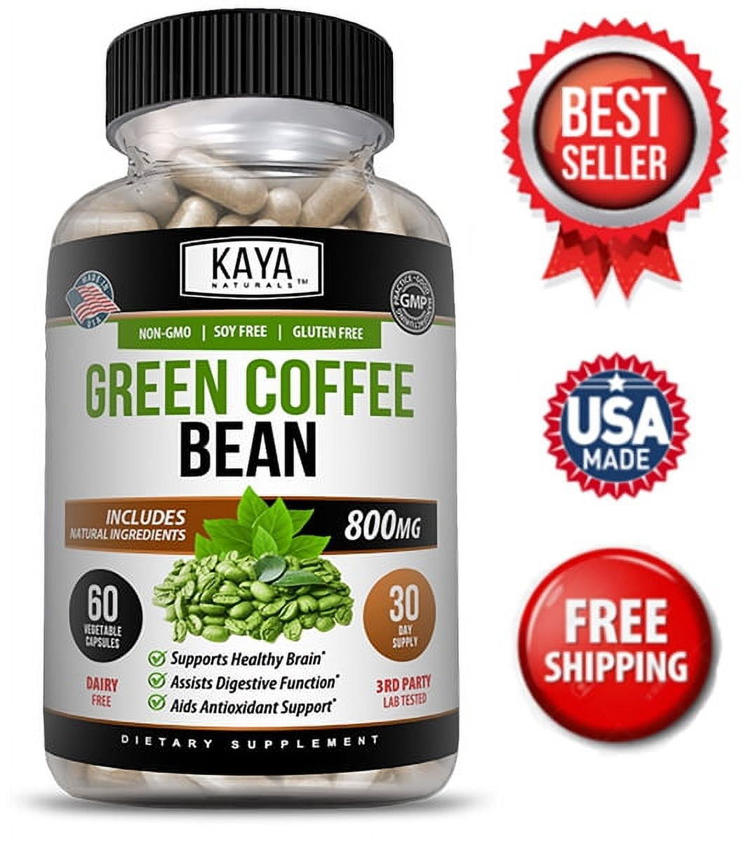 Kaya Naturals Green Coffee Bean 60ct - Weight Management, Antioxidant, Blood Pressure Support- 800mg