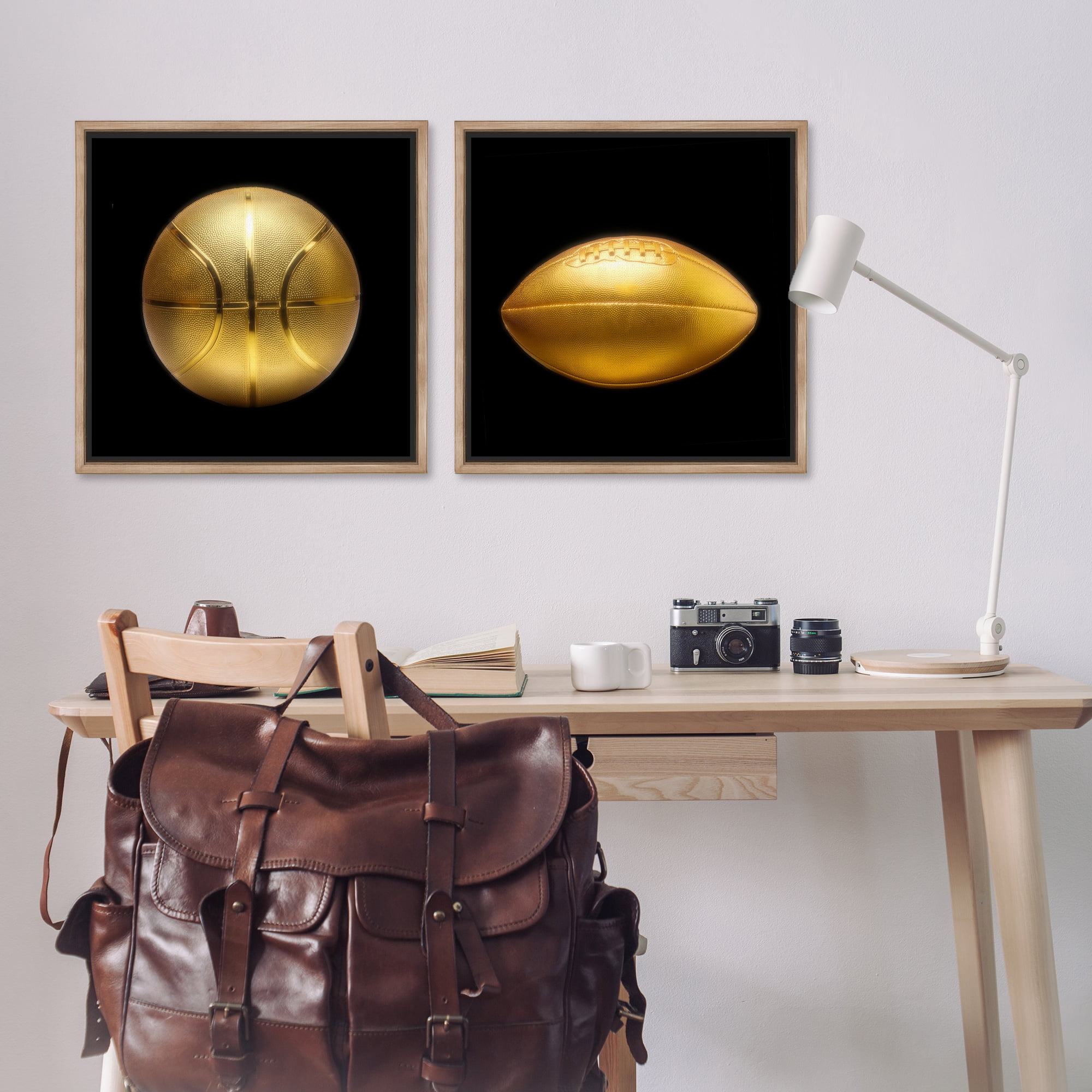 Stupell Industries Golden Designer Sports Balls Sports Painting Brown Floater Framed Canvas Art Print Wall Art, 25 x 25, Set of 2