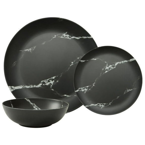 Safdie & Co. Black Marble Melamine Dinnerware 12PC Set Matte