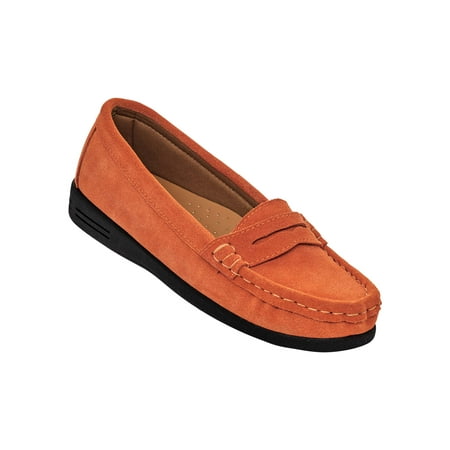 

AmeriMark Beacon Bella Women s Loafers Leather Slip-On Flats with Arch Support Orange Suede 7 Wide US Women
