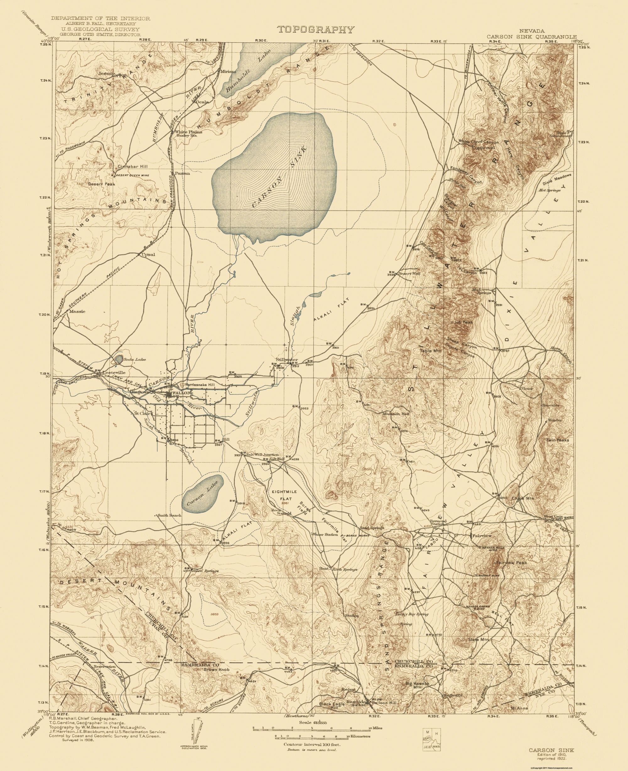 Topo Map - Carson Sink Nevada Quad - USGS 1910 - 23 x 28.26 - Matte Art ...