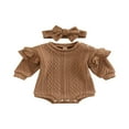 thumbnail image 1 of Barboteuse pour Bébés Filles et Garçons, Couleur Unie, Col Tricoté, Manches Longues Volantées, Combinaisons avec Bandeau, 1 of 8