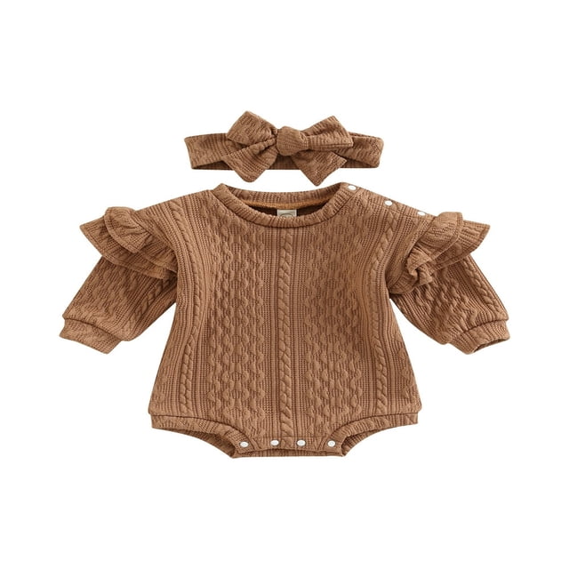 Barboteuse pour Bébés Filles et Garçons, Couleur Unie, Col Tricoté, Manches Longues Volantées, Combinaisons avec Bandeau
