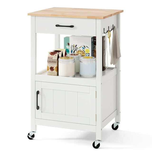 Gymax Rolling Kitchen Island Kitchen Cart w/ Rubber Wood Top Drawer White