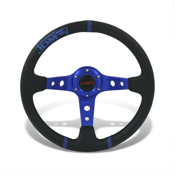 AJP Distributors Universal 350mm 14" Steering Wheel 6 Bolts Hole Black PVC Leather 3 Blue Stripe Light Weight Aluminum 3 Spoke Center Deep Dish Horn Button Grip Stance JDM VIP Sport