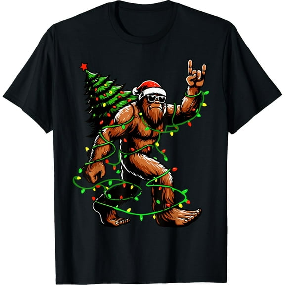 Premium model-Unisex-100% cotton-Santa Bigfoot Christmas Tree Xmas Lights Funny Sasquatch T-Shirt