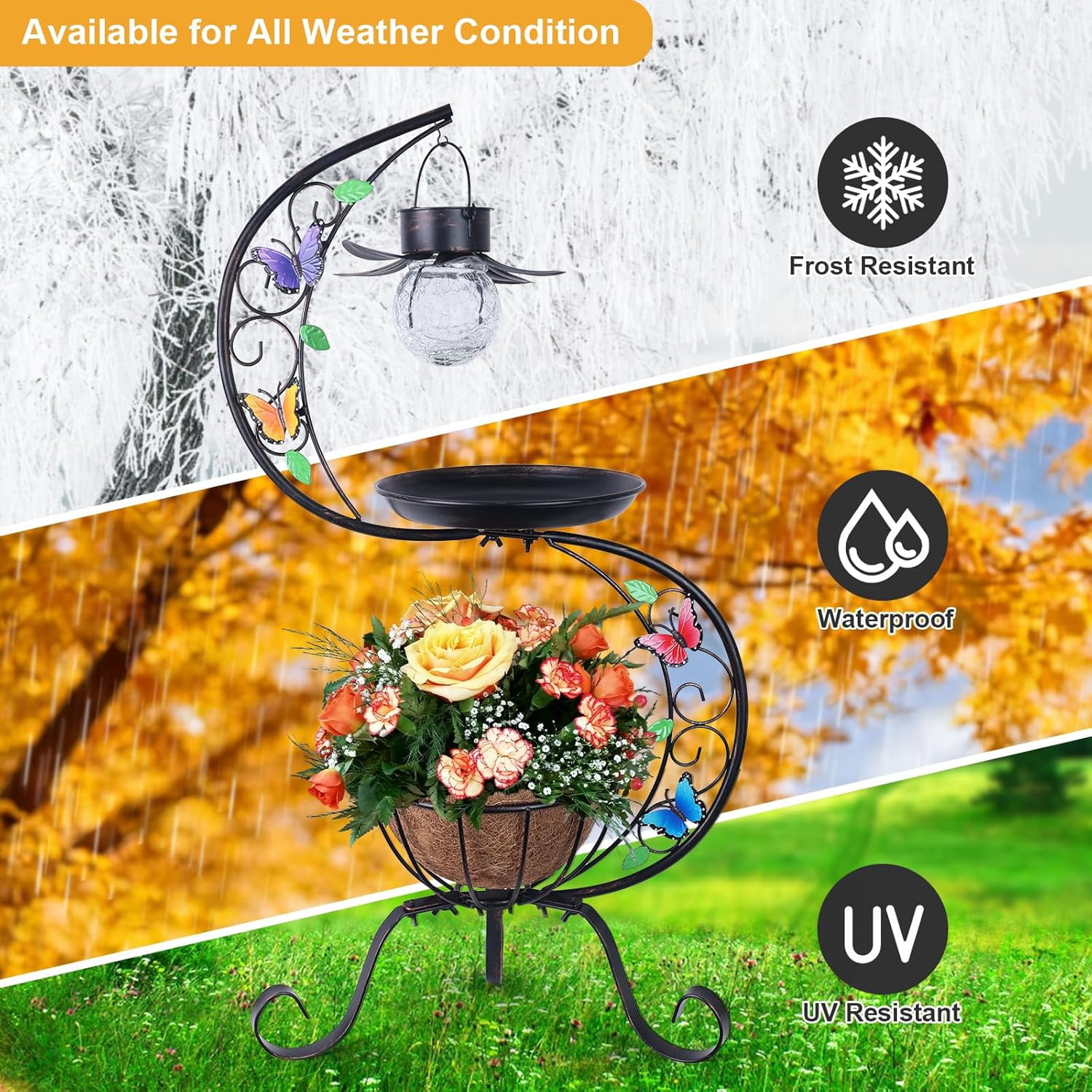 Bird Bath for Outside with Solar Lamp, Metal Birdbaths for Outdoors with Flower Planter Pedestal, Vintage Birdbath for Garden Yard Patio Lawn Decor