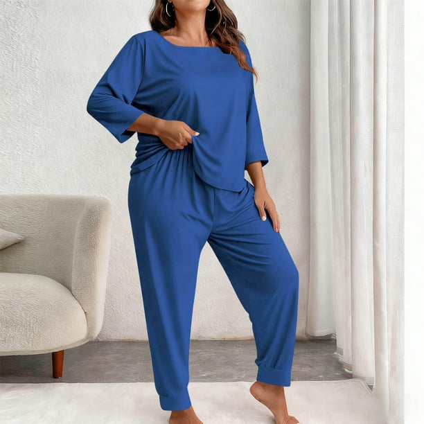 Pincandy Women's Plus Size Pajama Set - Crew Neck 3/4 Sleeve Top & Pants, Casual & Comfortable for Homewear