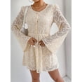 thumbnail image 3 of Dresses for Women Cream Lace A Line Mini Dress Puff Shoulder Flare Sleeve Button Front Casual Dress, 3 of 5