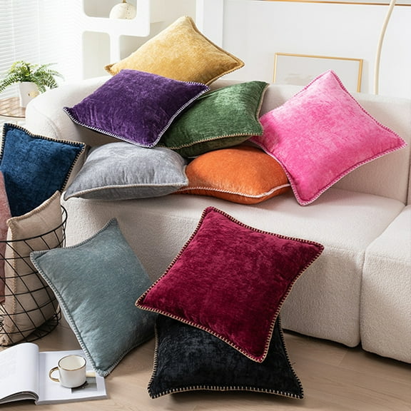 Chenille Soft Throw Pillow Covers, Farmhouse Velvet Pillow Covers, Decorative Square Pillow Covers with Stitched Edge for Couch Sofa Bed,18x18inch