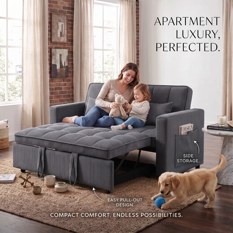 Gewnee 54" Sofa Bed, Convertible Sleeper Sofa & Pull Out Couch with Adjustable Backrest and Storage Pocket, Gray(Corduroy)