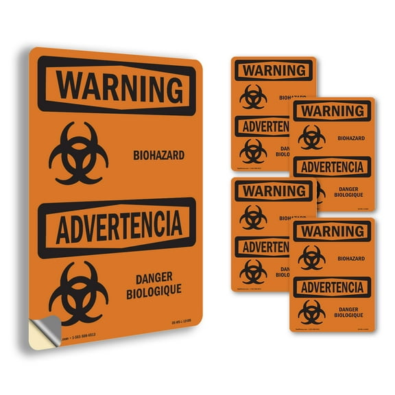 Biohazard Bilingual OSHA WARNING Vinyl Decal Label 5 Inch x 3.5 Inch - 5 Pack