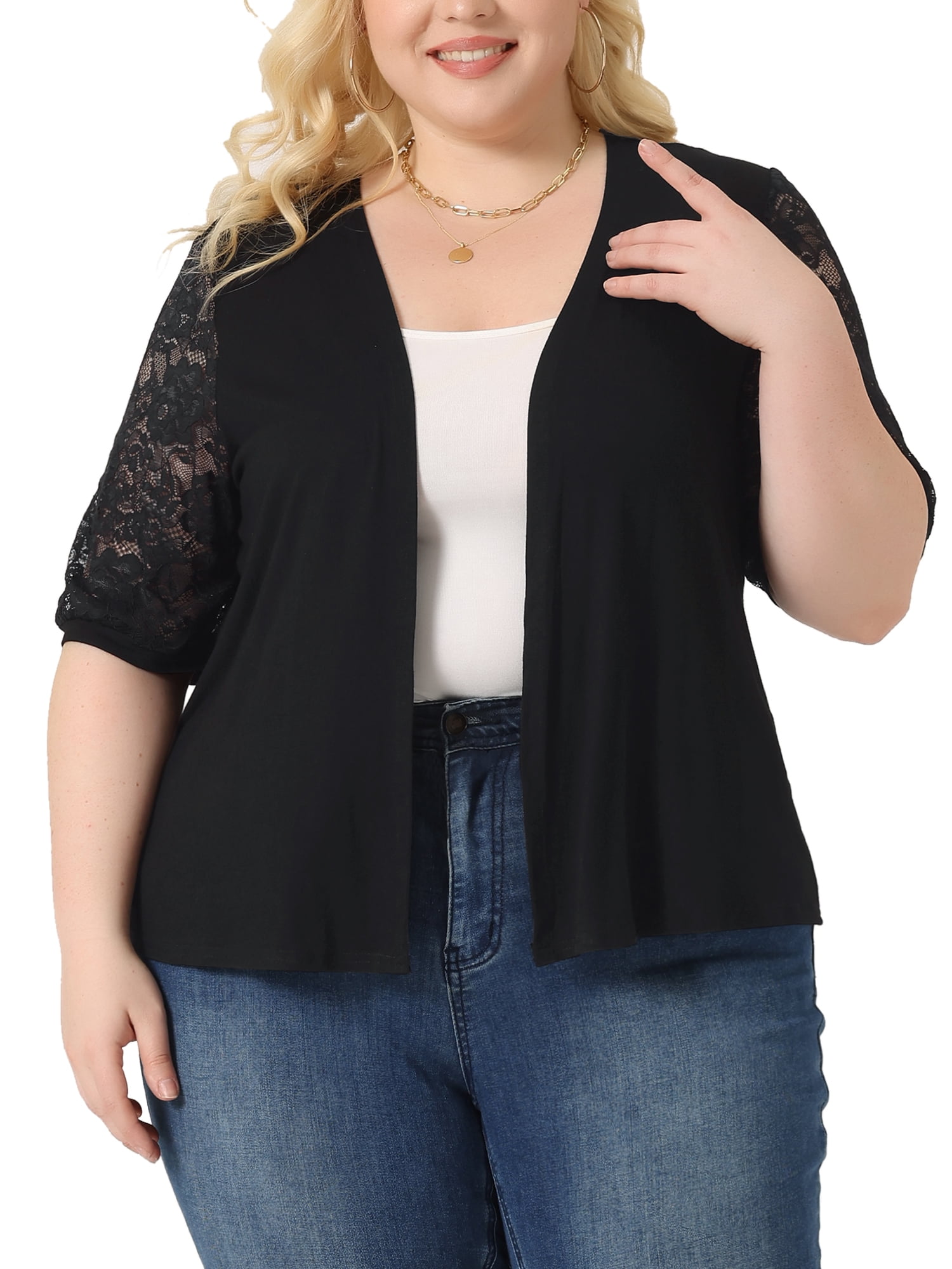DARING DIVA Plus Size Lightweight Lace Half Sleeve Open Front Cardigan 3X Black