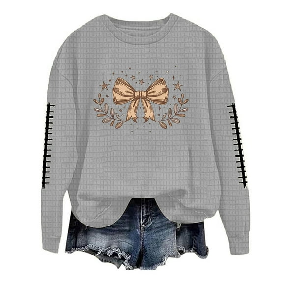 MaFYtyTPR Sweatshirt Tops for Women Ladies' Fashionable Loose Casual Bow Printed Round Neck Long Sleeved Blouse Gray S