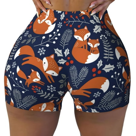 Workout Shorts Women  Vintage Blue Fox Family Biker Shorts for Women Running Gym Spandex Shorts Tummy Control